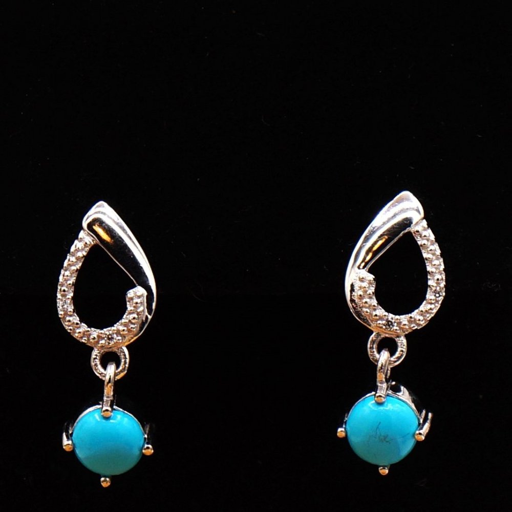 Teardrop Hoop CZ & Drop Turquoise Sterling Silver Dangle Earrings W/ Gift Bag